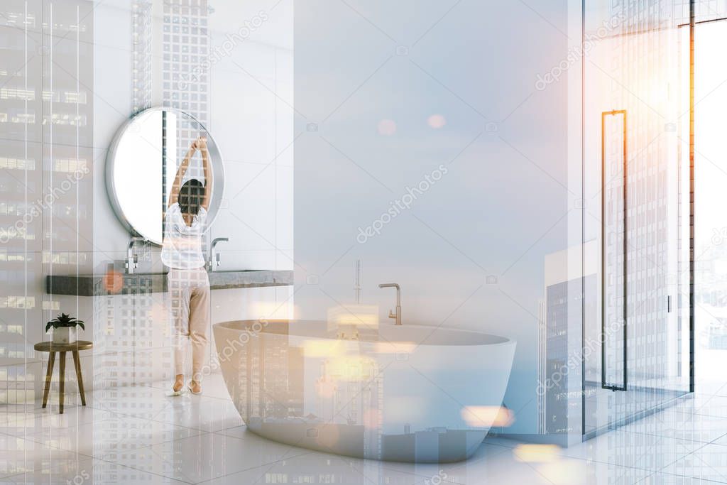 White wall bathroom interior with a nice white tub, a double sink, and a glass door shower stall. A woman 3d rendering mock up toned image double exposure