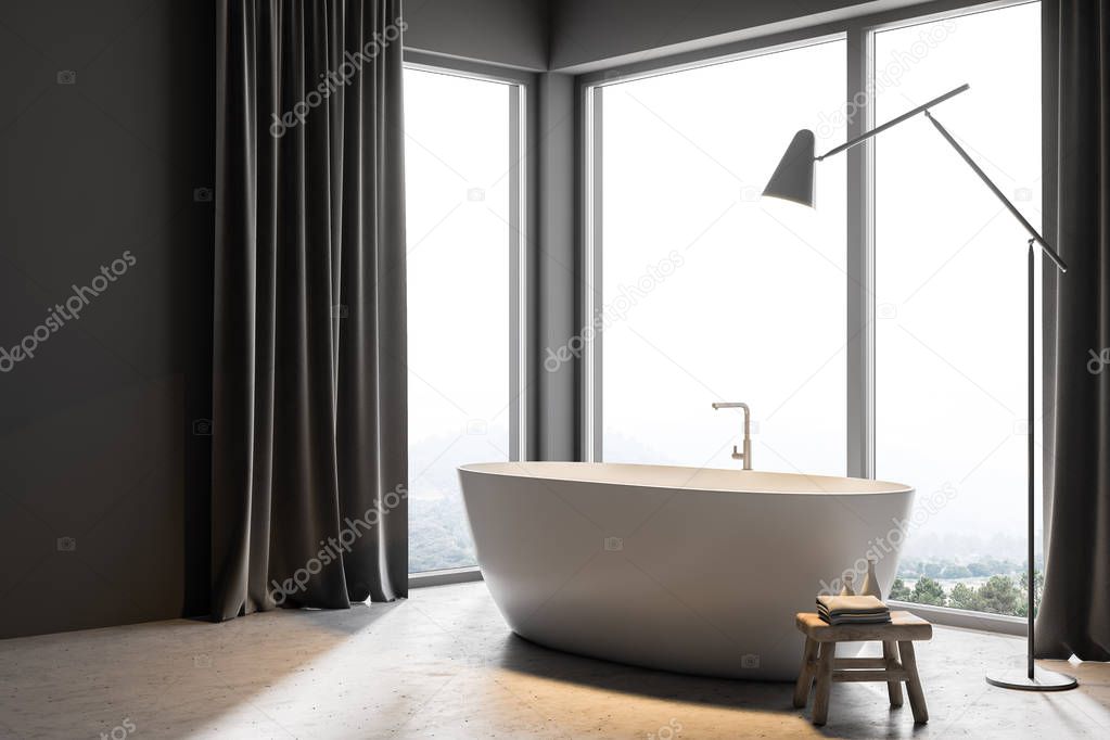 Side veiw of an elegant white bathtub standing on a concrete floor of a loft bathroom interior with gray curtain. 3d rendering