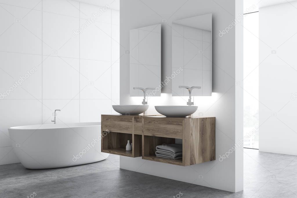 Double bathroom sink with two vertical mirrors on a marble wall. A bathtub on a concrete floor floor. 3d rendering