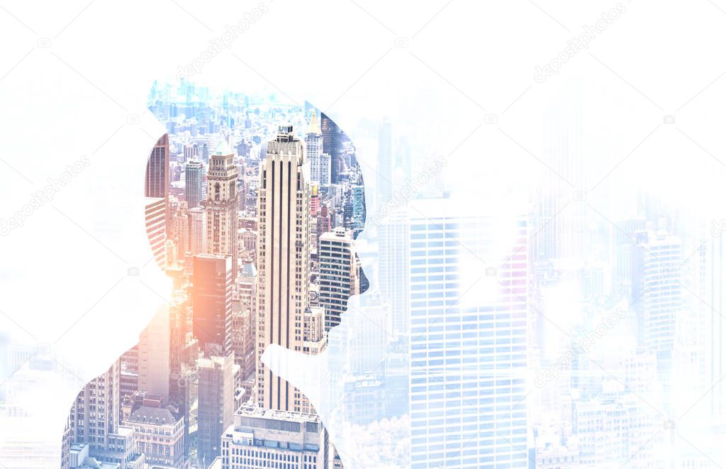Side view of a young businesswoman silhouette against a morning cityscape. Concept of corporate life and career making. Toned image double exposure mock up