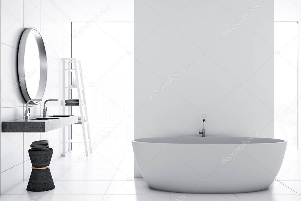 Front view of a white wall bathroom interior with a nice white tub, a double sink, and a round mirror. 3d rendering mock up