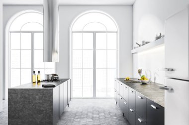 Beyaz duvarları, gri bir zemin, kemerli pencereler ve siyah mutfak tezgahı ile modern mutfak iç. Yan görünümü. 3D render alay