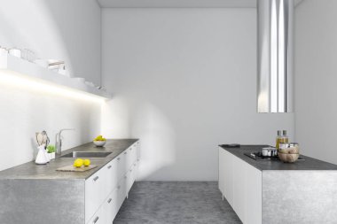 Beyaz duvarları, gri bir zemin ve beyaz mutfak tezgahı ile modern mutfak iç. Yan görünümü. 3D render alay