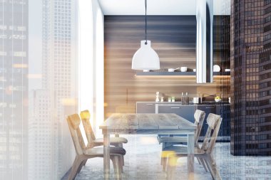 Koyu ahşap duvarlar, gri bir zemin, kemerli pencereler ve beyaz mutfak tezgahı ile modern mutfak iç. Uzun bir masa sandalye ile. 3D render sahte kadar çift tonlu görüntü pozlaması