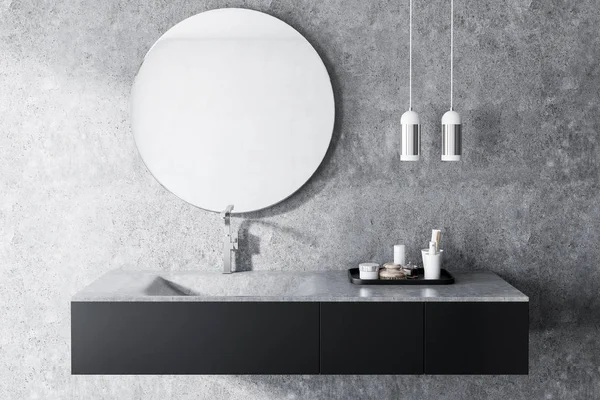 Beton Badezimmer Innenraum Mit Einem Stilvollen Grauen Waschbecken Seife Und — Stockfoto