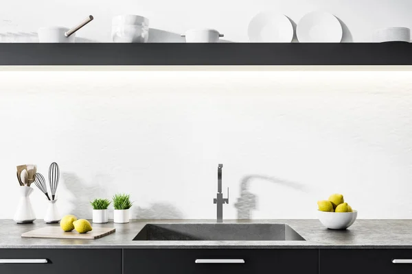 Black kitchen countertop with a built in sink, pots, and bottles in a white kitchen interior. A long shelf with plates hanging above it. 3d rendering mock up