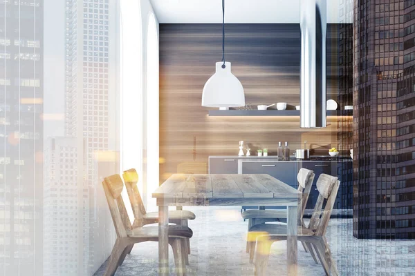Interior Cozinha Moderna Com Paredes Madeira Escura Piso Cinza Janelas — Fotografia de Stock