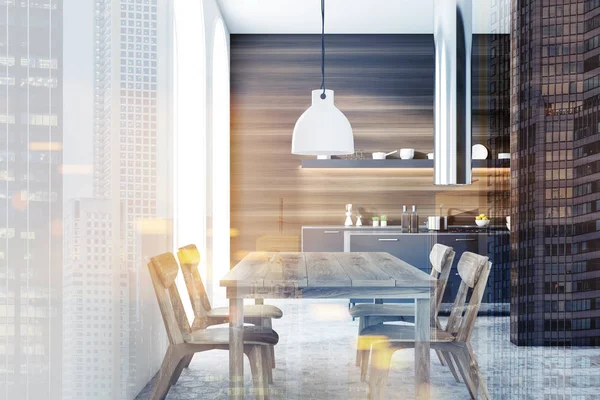 Interior Cocina Moderna Con Paredes Madera Oscura Suelo Gris Ventanas — Foto de Stock