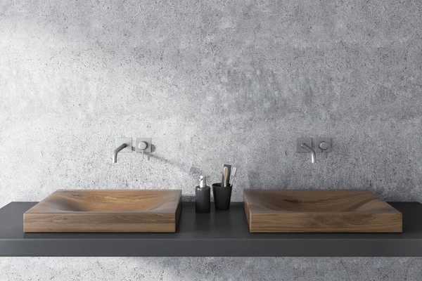 关闭一个木质双水槽站在一个灰色的架子上 在混凝土墙上的浴室内饰 渲染模拟 — 图库照片