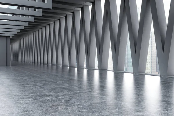 Empty Large Lobby Interior Gray Walls Triangular Pattern Windows Cityscape — Stock Photo, Image