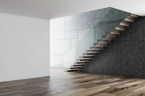 白と灰色の壁 木の床と階段と空の部屋のインテリア インテリア デザインと建築のビジネスや生活のための装飾の概念 レンダリングをモックアップします — ストック写真