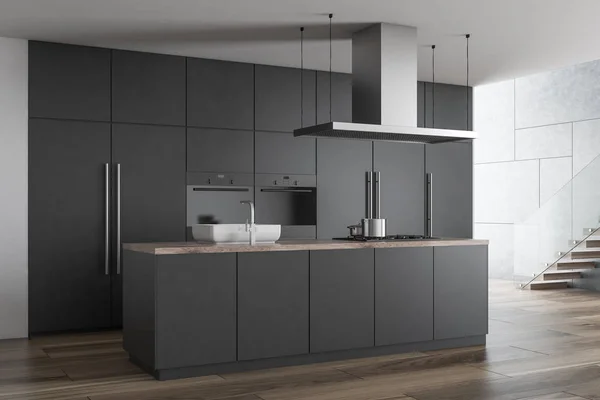 Angolo Cucina Moderno Con Controsoffitti Grigi Armadi Pavimento Legno Rendering — Foto Stock