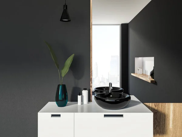 Lavello Rotondo Nero Piedi Bancone Bianco Elegante Bagno Interno Con — Foto Stock