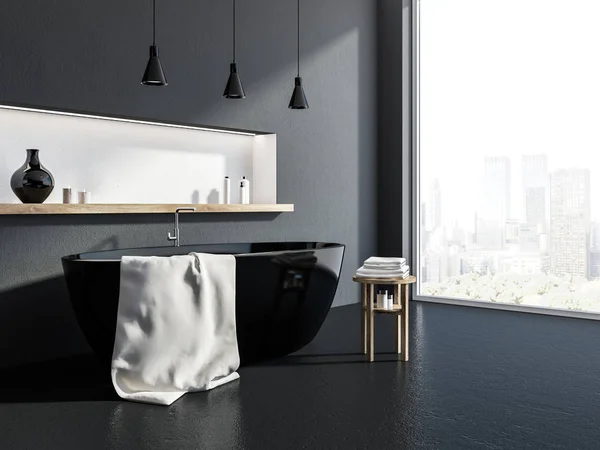 Stylish Bathroom Corner Gray Walls Black Floor Black Bathtub White — Stock Photo, Image