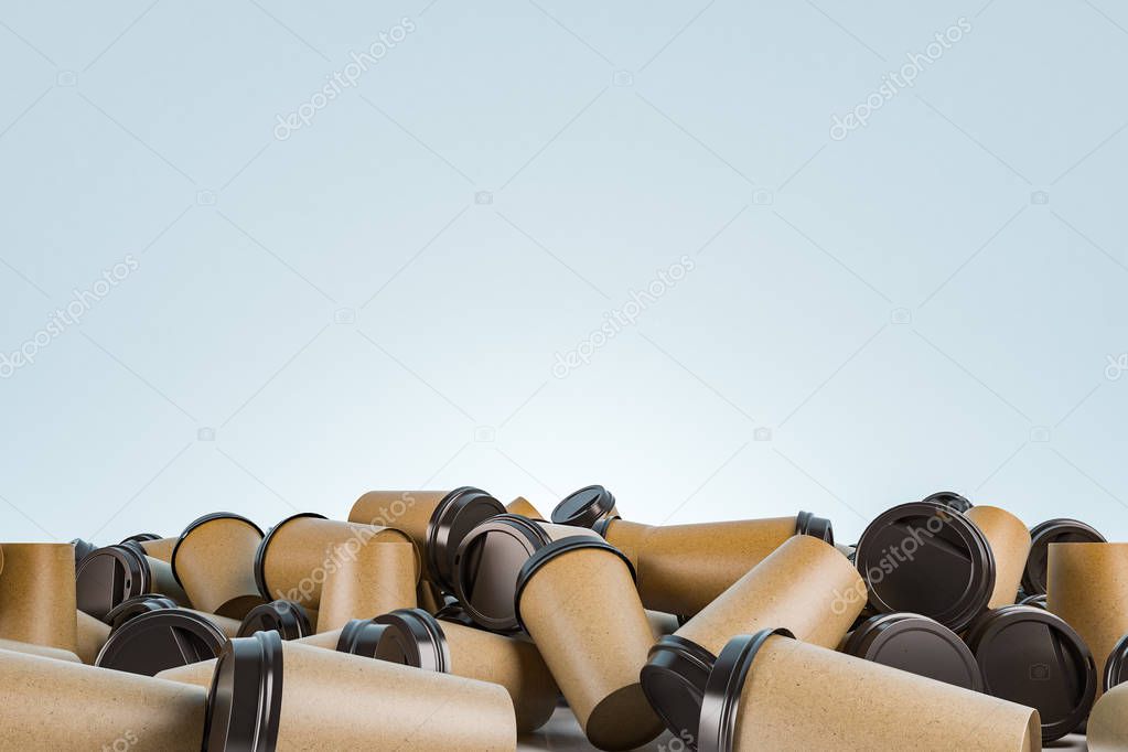 Brown coffee paper cups with black lids lying on the floor against a light blue background. Concept of addiction, office lifestyle and recycling. 3d rendering mock up