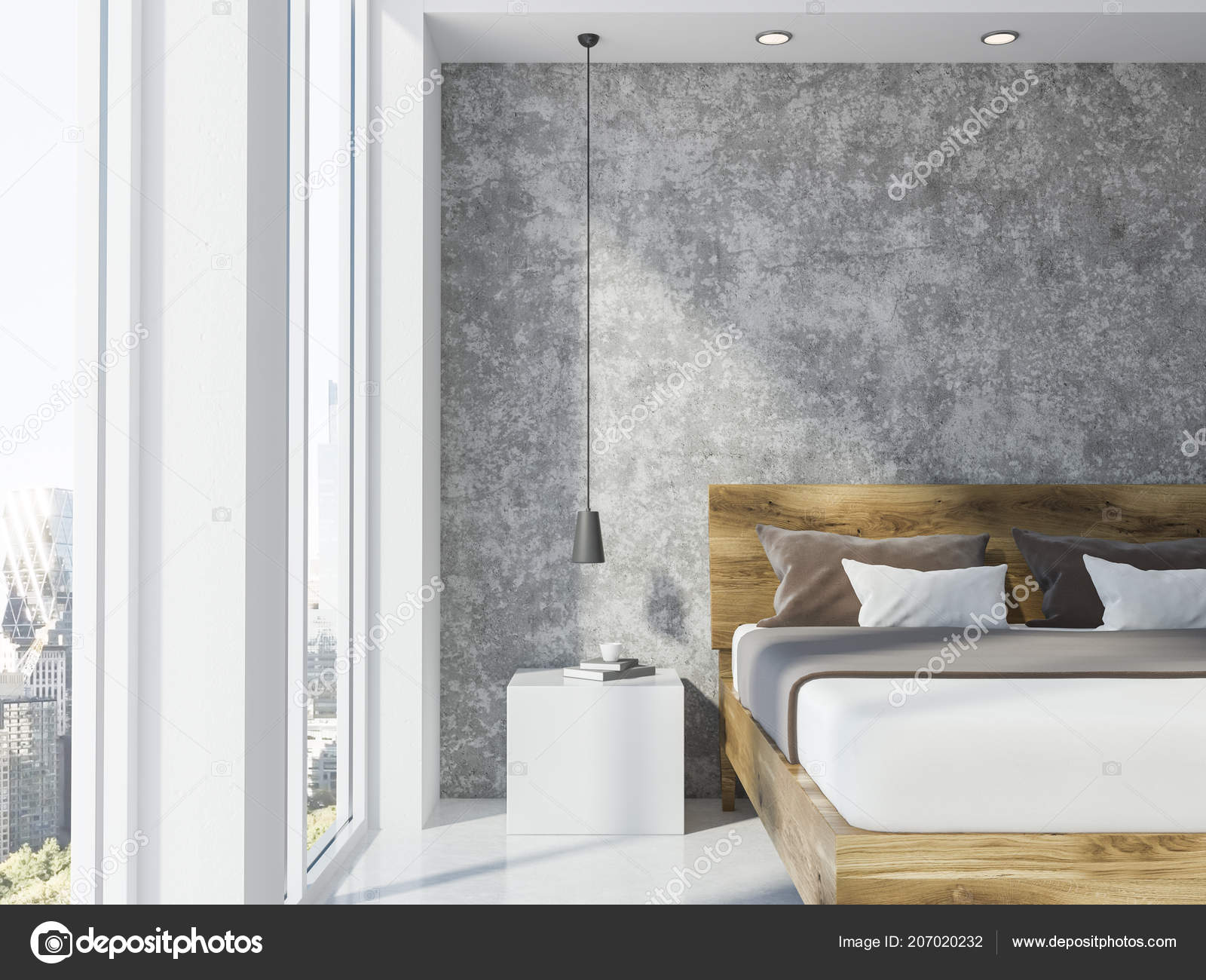 Master Bedroom Interior Concrete Walls White Floor Double