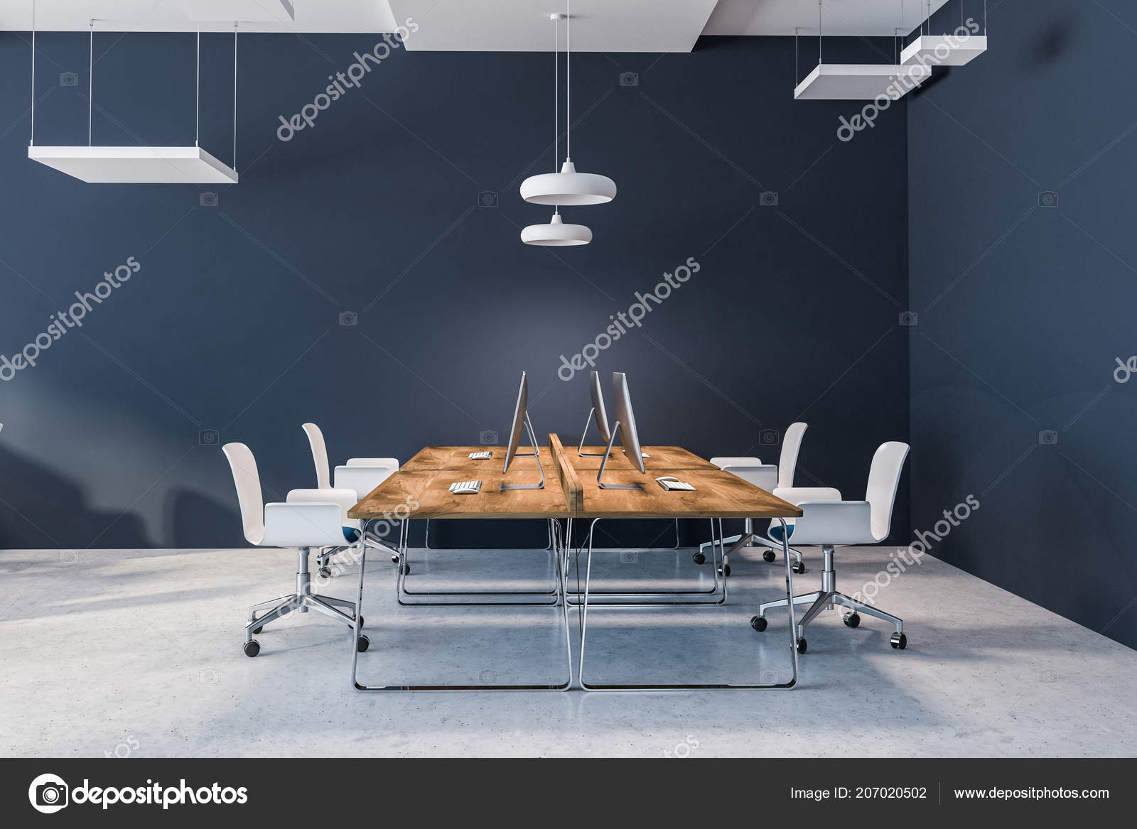 Open Space Office Interior Dark Blue Walls Concrete Floor