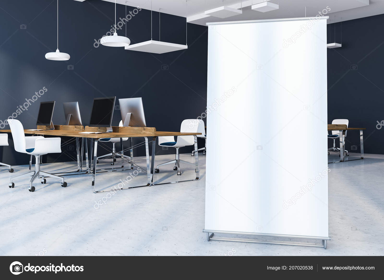 Open Space Office Corner Dark Blue Walls Concrete Floor Rows