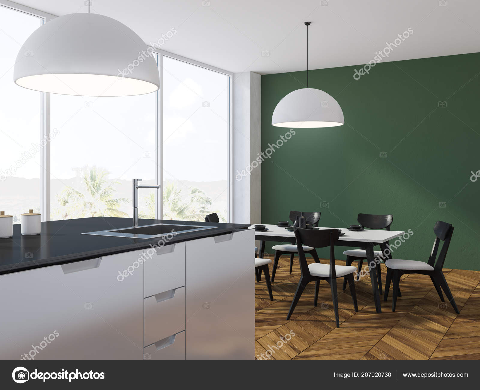 Panoramic Green Kitchen Wooden Floor Table Chairs White Black