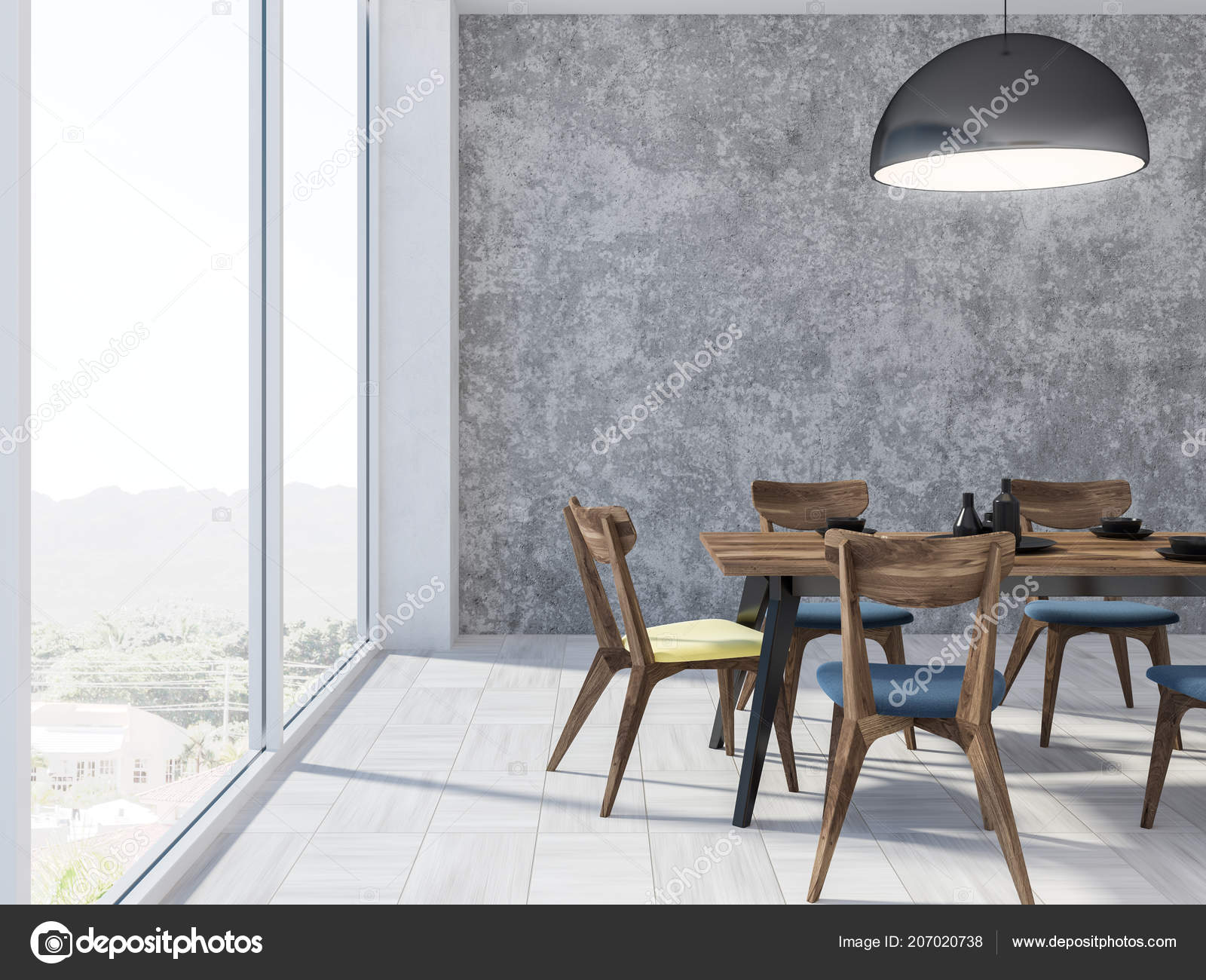 Modern Dining Room Interior Concrete Walls White Wooden
