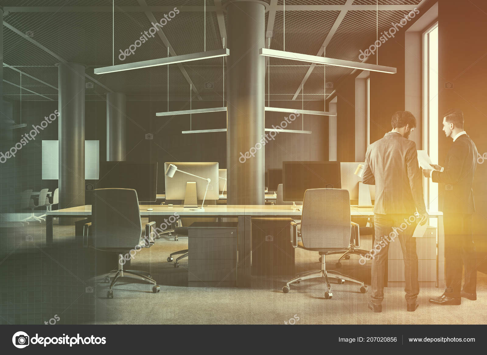 Modern Company Office Brown Walls Columns Computer Desks Standing