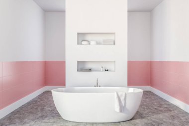 Beyaz ve pembe ile modern banyo iç duvarlar, beton zemin, beyaz bir küvet ve duvardaki rafları. 3D render alay
