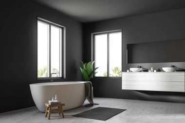 İskandinav banyo iç Gri duvarlar, beton zemin, geniş pencereler ve bir çift lavabo yanında beyaz küvet durduğunu köşesinde. 3D render alay