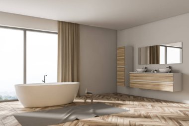 Şık banyo köşesi panoramik pencerelere, beyaz duvarları, bir ahşap zemin, çift lavabo ve beyaz bir küvet ile. 3D render alay