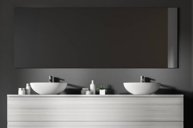 Çift banyo lavabo Beyaz ahşap tezgah üzerinde duruyor. Uzun bir ayna üzerinde gri bir duvarda asılı duruyor. 3D render alay