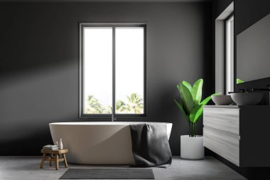 İskandinav banyo iç Gri duvarlar, beton zemin, geniş pencereler ve bir çift lavabo yanında beyaz küvet durduğunu. 3D render alay