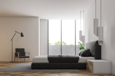 Beyaz duvarları, bir ahşap zemin, panoramik pencerelere, gri çift kişilik yatak ve bir koltuk lüks yatak odası. Yan görüntülemek 3d render sahte