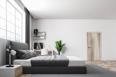 Bir yatak odası beyaz duvarlar, bir halı ile yan görünüm bir ahşap zemin ve bir çift kişilik yatak altında büyük bir pencere. 3D render alay