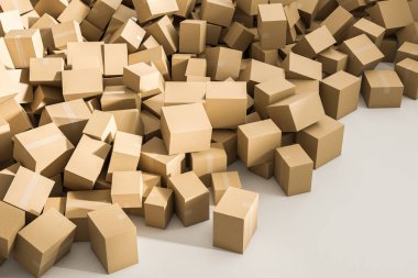 Beyaz bir yerde yatarken kapalı karton kutular yığını. Mal, tüketim ve aşırı teslim kavramı. 3D render alay