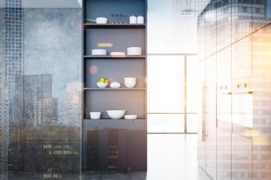 Modern mutfak iç bir beton zemin ve panoramik pencereler ile şık siyah dolap ayakta. 3D render sahte kadar çift tonlu görüntü pozlaması