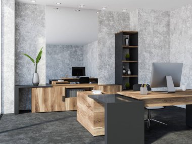 Beton duvarlar office çalışma alanı ile çatı windows, bir bilgisayar ve bir kitaplık ile ahşap bir masa. Bir yan görünümü 3d render alay