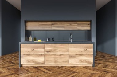 Bir ahşap zemin mutfak iç gri duvar odadaki ahşap ve gri mutfak tezgahı ile önden görünümü. 3D render alay