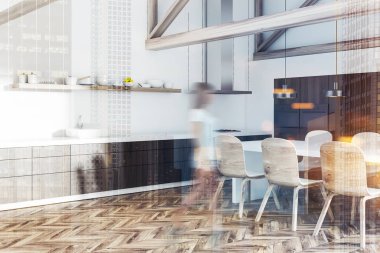 Beyaz duvarları, bir ahşap zemin, sandalye ve koyu ahşap mutfak tezgahı ile bir tablo ile bir tavan mutfak iç köşesinde. Kadın 3d render sahte tonlu görüntü çift pozlama kadar bulanık