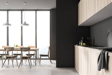 Yemek odası ve mutfak iç Gri duvarlar, beton zemin, sandalye ve ön planda ahşap mutfak tezgahı uzun bir tabloyla. 3D render alay