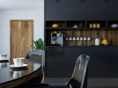 Beyaz duvarları, siyah bir zemin, siyah ve ahşap sandalye ile bir yuvarlak masa ve dolap bir kahve makinesi ile rahat modern yemek oda. 3D render