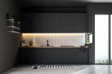 Lüks mutfak iç döşeli duvarlar, beton zemin ve siyah mutfak tezgahı bir dizi ile. 3D render