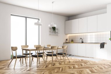 Beyaz duvarları, bir ahşap zemin, bir masa sandalye ve beyaz mutfak tezgahı ile minimalist bir mutfak yan görünüm. 3D render