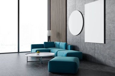 Donanma kanepe beyaz bir sehpa duvardaki posterler ile beton bir oturma odasında duruyorlar. Yan görüntülemek 3d render sahte