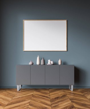 Ahşap çerçeve yatay bir poster üzerinde gri bir dolap ahşap zemin ile gri bir oturma odasında asılı. 3D render alay