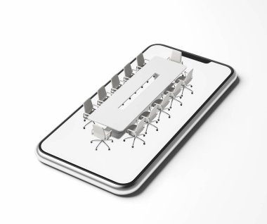 Sandalye ile uzun beyaz bir tablo ile bir toplantı odası modeli beyaz smartphone ekranda yerleştirilir. Beyaz bir arka plan. Kavram yenilik ve hi tech iş. 3D render alay