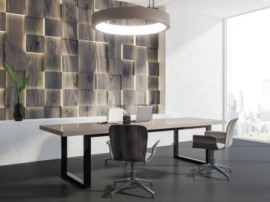 Müdür ofis beyaz duvarlar, orijinal ahşap duvar lambaları, bir masa ve iki misafir sandalyesi köşesinde. 3D render alay