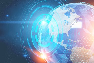 Mavi hologram uzayda parlayan sürükleyici arabiriminin. Dünya gezegeni. Merhaba teknik yenilik iletişim küresel dünya kavramı. Tonlu görüntü çift pozlama öğeleri Nasa tarafından döşenmiş bu görüntünün sahte