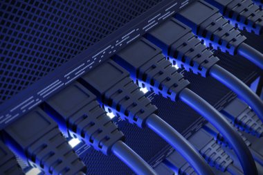 Mavi lan bağlantı kabloları bir Server'da takılı. İletişim kavramı, Merhaba tech ve kesme teknolojisi kenar. 3D render
