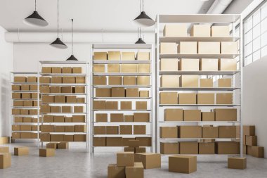 Önden görünüm üzerinde duran karton kutular raflara satır içeren bir ambar. Lojistik, uluslararası nakliye ve küresel ticaret kavramı. 3D render alay