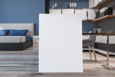 Kompakt ev ofis iç koyu mavi ve ahşap duvarlar ve bir yatak odasında bilgisayar masası. Poster 3d render kadar büyük dikey sahte