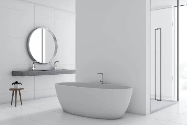 Witte Muur Badkamer Interieur Met Een Mooie Witte Tub Een — Stockfoto